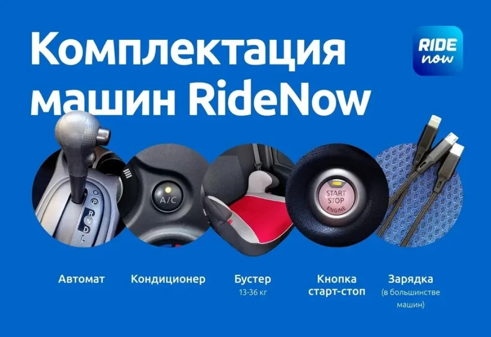 Инфографика «Комплектация машин RideNow» с автоматом, кондиционером, бустером и кнопкой старт‑стоп Инфографика «Комплектация машин RideNow» с автоматом, кондиционером, бустером и кнопкой старт‑стоп