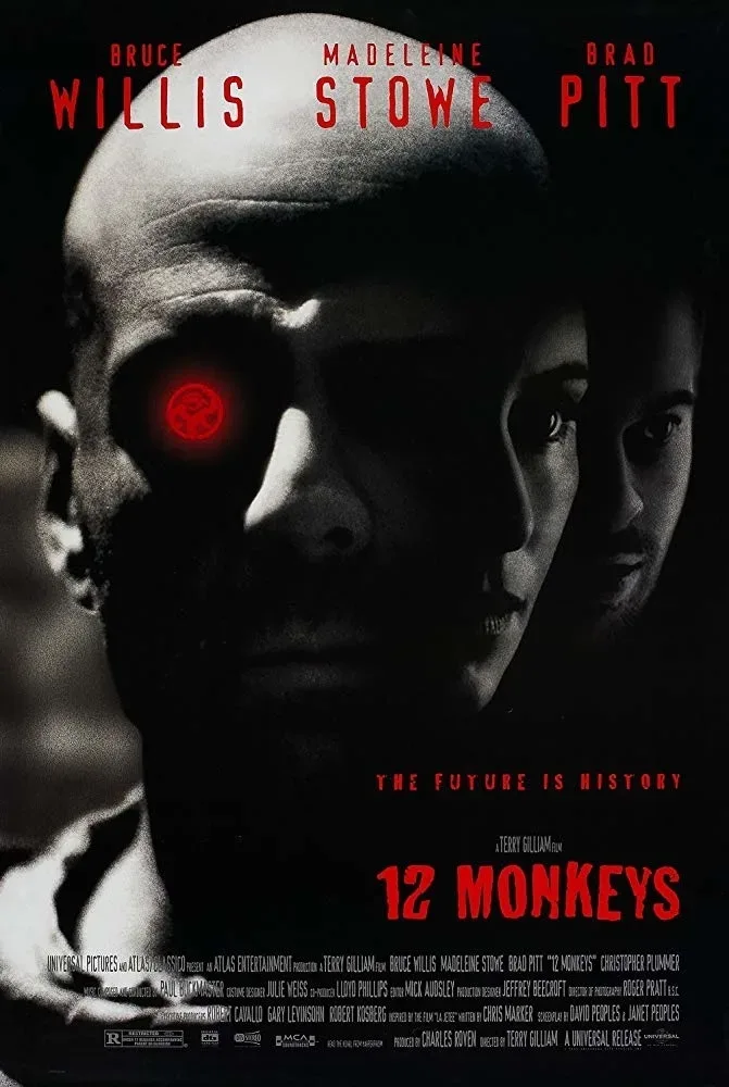 Постер фильма 12 Обезьян 12 Monkeys с тёмным лицом и красным акцентом
