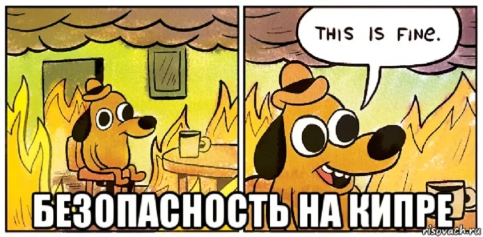 Комикс с собакой в огне и подписью «БЕЗОПАСНОСТЬ НА КИПРЕ
