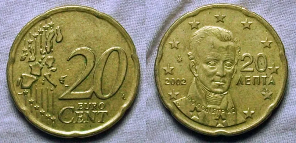 Две монеты по 20 евроцентов с изображением портрета Каподистрии