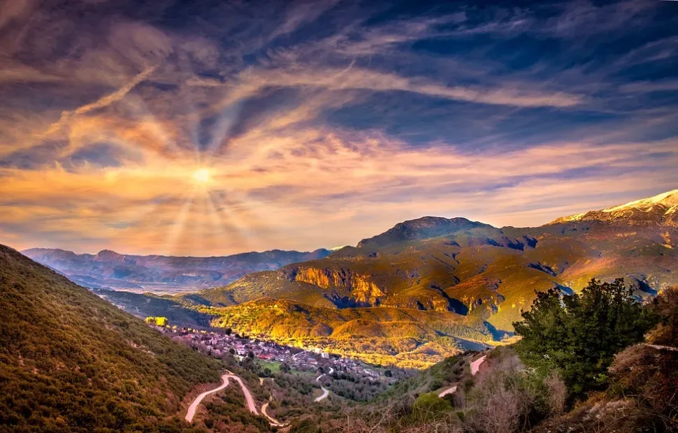 Village, Hills, Greece, Sky, Sun, Clouds, Nature