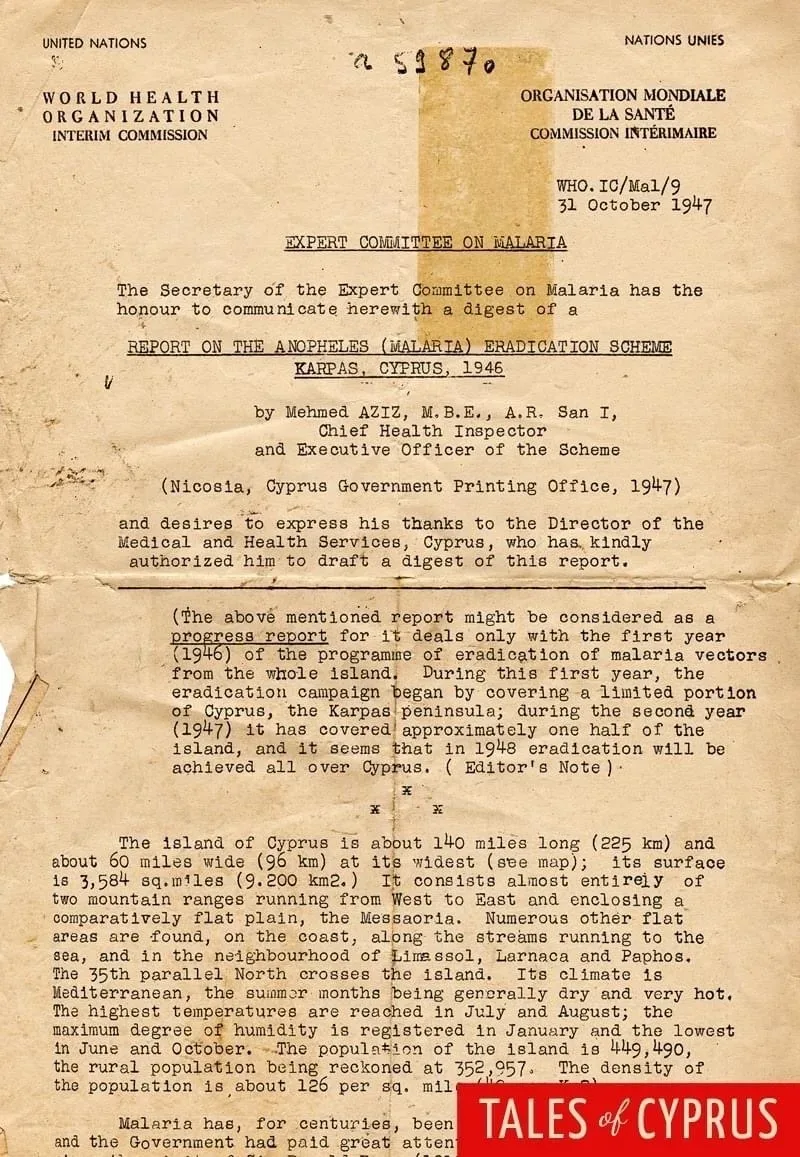 Титульная страница отчёта о программе искоренения Anopheles на Кипре 1946 года