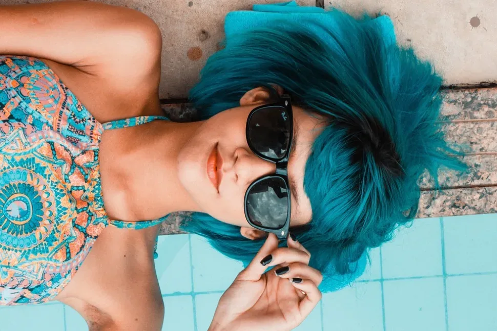 Blue, Sunglasses, Woman, Swimming Pool, Look, Girl