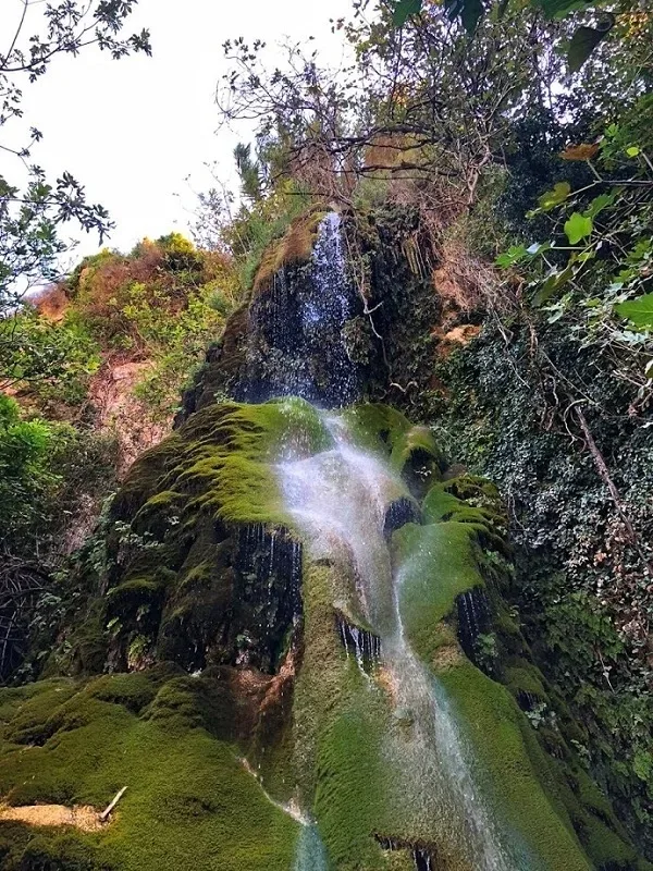 Моховой водопад Креммиотис, вода стекает по зелёным каменным уступам