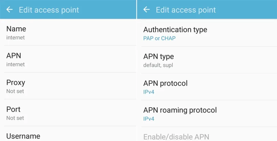 Скриншот настроек APN для MTN: Name и APN = internet, Authentication type PAP or CHAP Скриншот настроек APN для MTN: Name и APN = internet, Authentication type PAP or CHAP