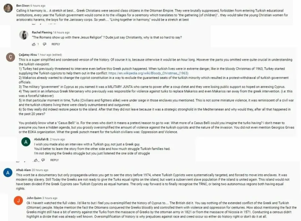 Скриншот комментариев на YouTube под фильмом о Кипре с негативными отзывами