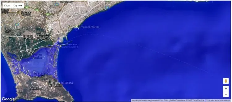 Интерактивная карта затопления Лимассола при подъёме моря на 10 см с исчезающим пляжем Lady’s Mile