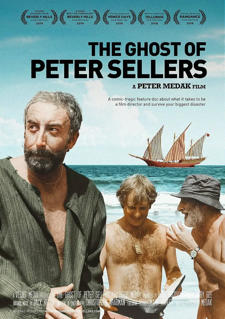 Афиша документального фильма «The Ghost of Peter Sellers» с изображением режиссера и моря