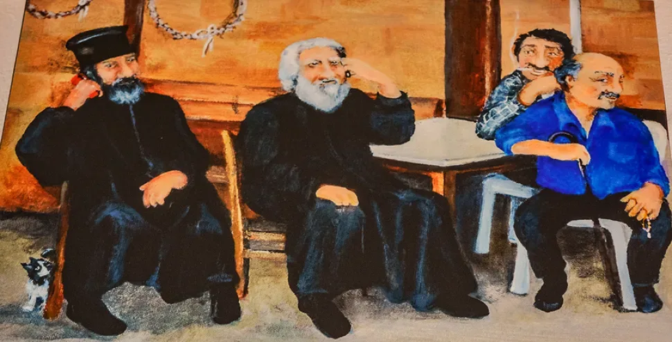 Четверо мужчин в разговоре, изображённые в юмористической сцене кафе