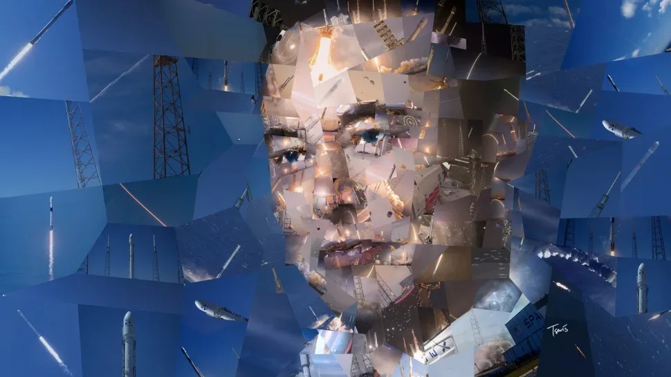 Кадр видеопортрета в неофутуристической мозаике, составленной из снимков SpaceX