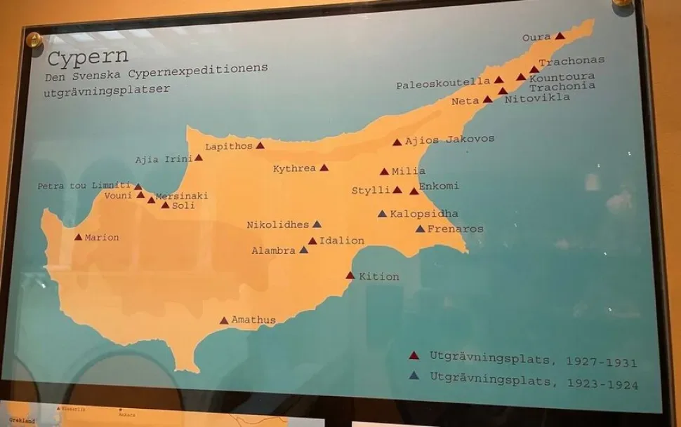 Карта Кипра с отмеченными местами раскопок шведской экспедиции, включая Агиа Ирини