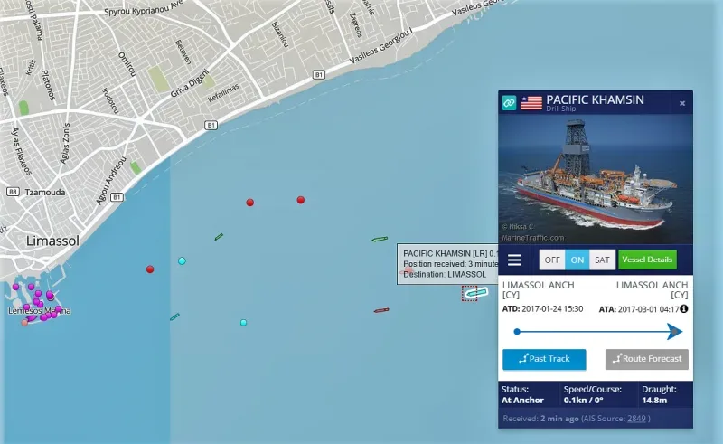 Карта с позициями судов у Лимассола и отмеченной PACIFIC KHAMSIN