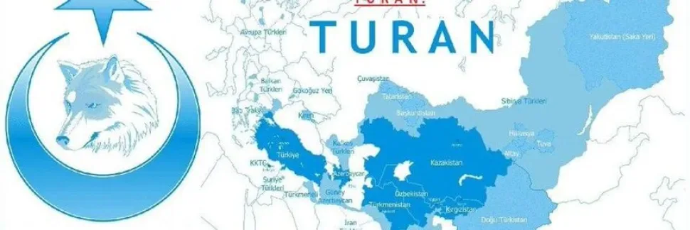 Силуэт волка на голубом фоне и карта регионов под лозунгом «TURAN Силуэт волка на голубом фоне и карта регионов под лозунгом «TURAN