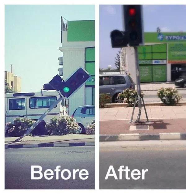 Ремонт светофора до и после с подписью Before After
