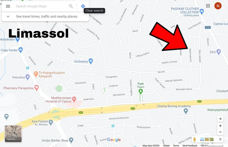 Карта Лимассола с красной стрелкой на северо-восточную часть города