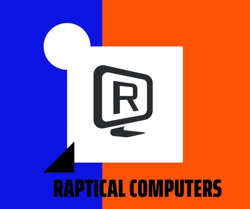 Логотип Raptical Computers на синем и оранжевом фоне как ваучер Логотип Raptical Computers на синем и оранжевом фоне как ваучер