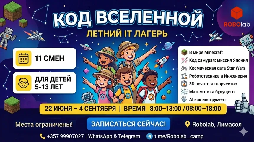 Баннер летнего IT лагеря ROBOlab «Код Вселенной» с датами и программой