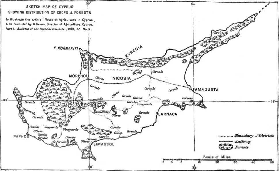 Черно‑белая карта Кипра 1919 года с указанием посевов и лесов