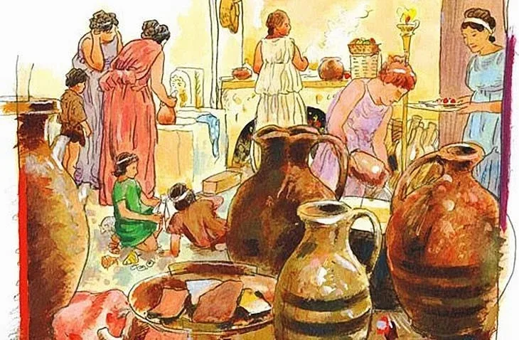 Иллюстрация к гастрономии Древней Греции с амфорами и сосудами для масла