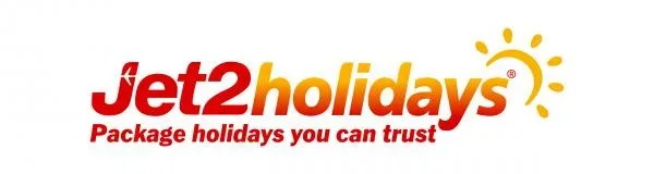 Логотип Jet2holidays красно-оранжевыми буквами с солнцем для Jet2