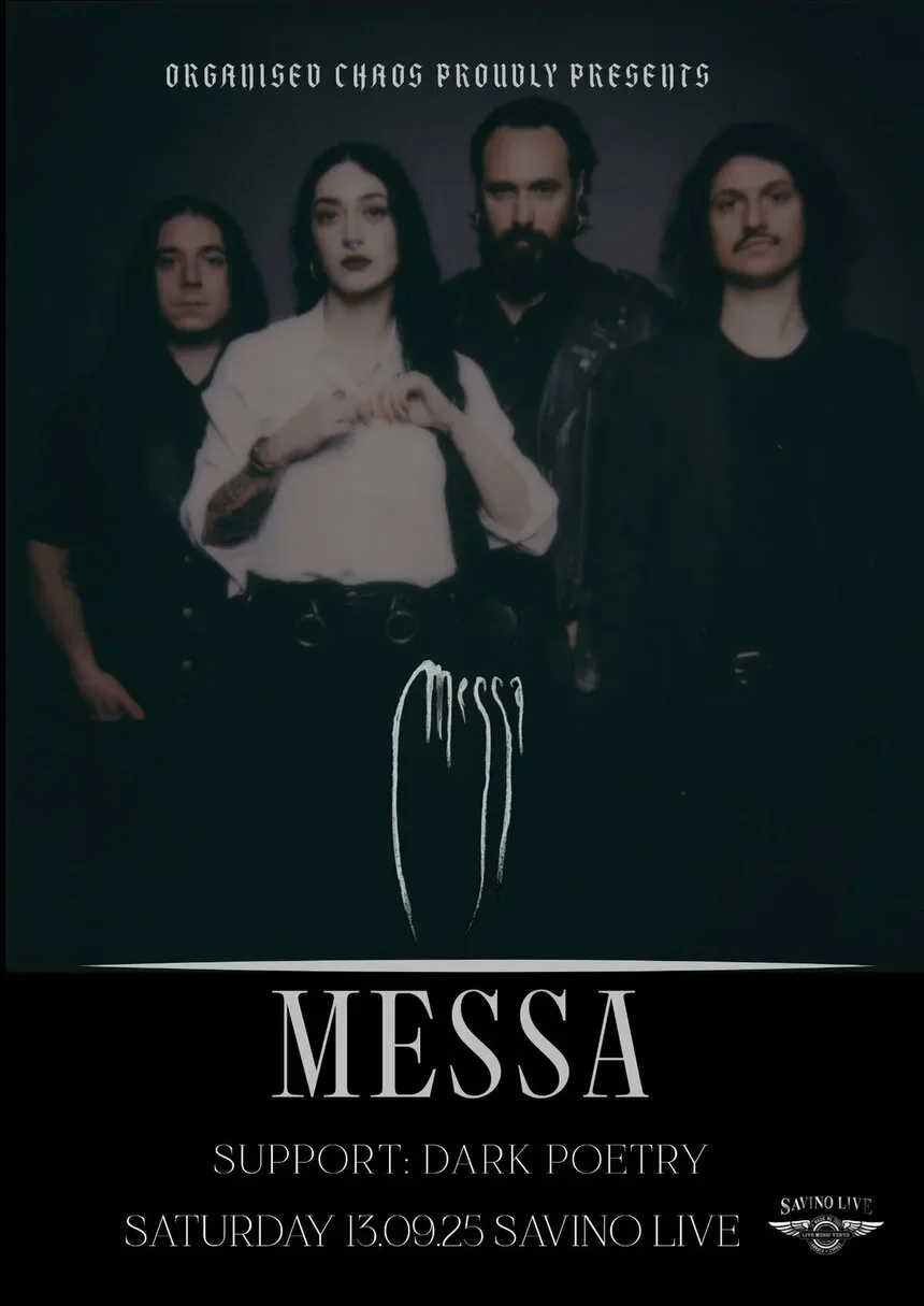 Афиша концерта Messa в Savino Live с датой 13.09.25 и списком поддержки Афиша концерта Messa в Savino Live с датой 13.09.25 и списком поддержки