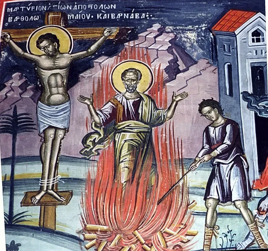 Икона Варнавы в голубых тонах с книгой в руках