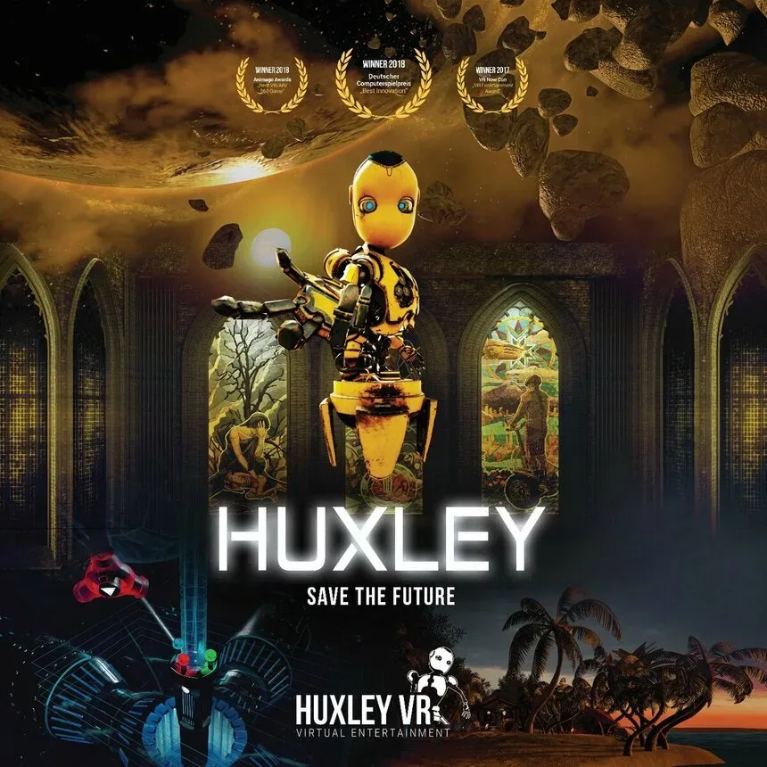 Постер Huxley VR с антропоморфным роботом на фоне фантастического апокалиптического пейзажа