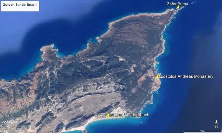 Вид со спутника на мыс Апостолос Андреас и пляж Golden Sands Вид со спутника на мыс Апостолос Андреас и пляж Golden Sands