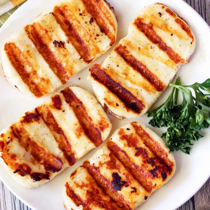 Жареные кусочки домашнего халлуми с золотистой корочкой и зеленью