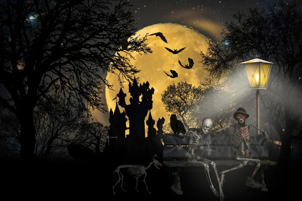 Moon, Trees, Skeletons, Castle, Silhouettes