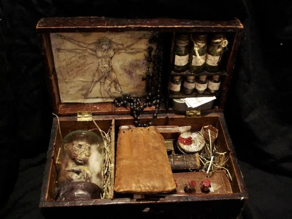 Открытый деревянный ларец с артефактами из коллекции Merrylin Cryptid Museum Открытый деревянный ларец с артефактами из коллекции Merrylin Cryptid Museum