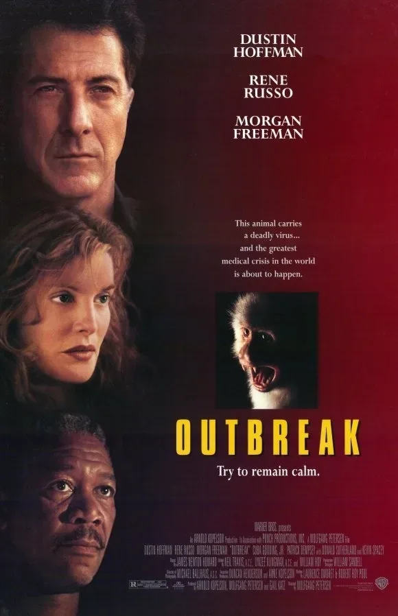 Постер фильма Эпидемия Outbreak с портретами актёров и обезьяной