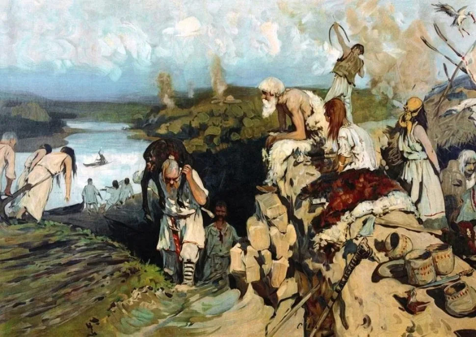 Картина «Жилье восточных славян» С. В. Иванов: поселение у реки с людьми Картина «Жилье восточных славян» С. В. Иванов: поселение у реки с людьми