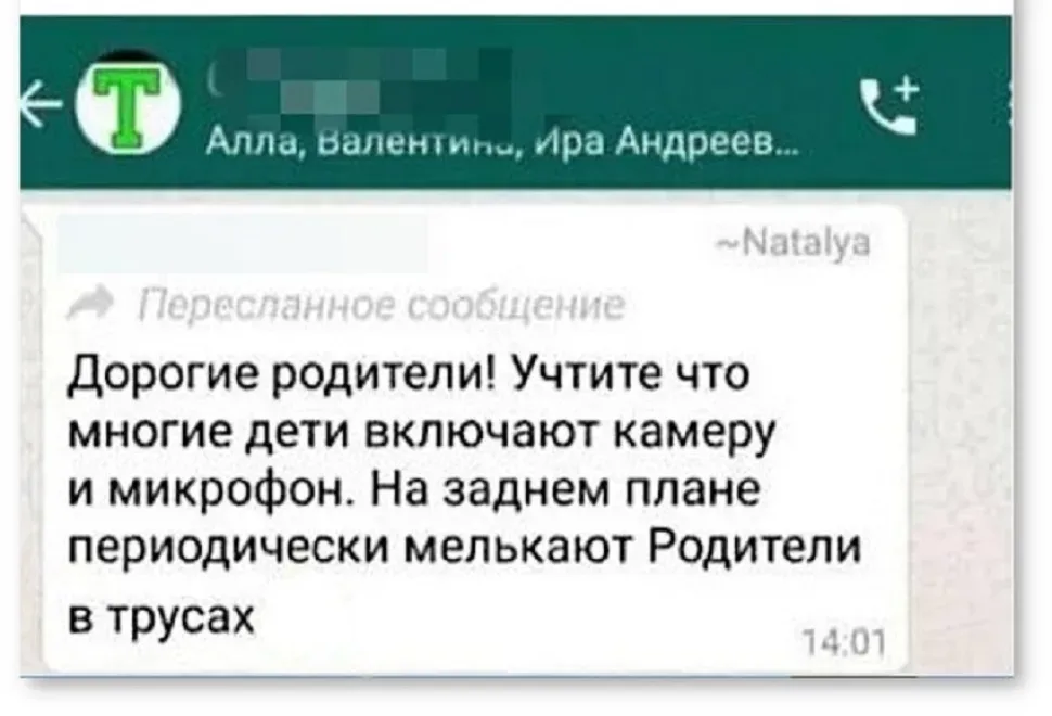 Скриншот сообщения WhatsApp с шутливым текстом про родителей в трусах