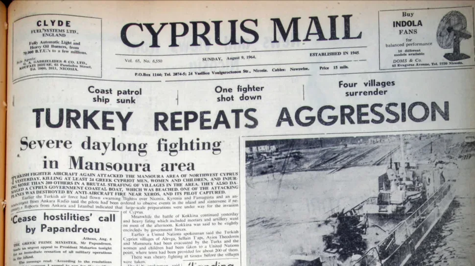 Первая полоса Cyprus Mail с заголовком о повторной агрессии Турции и боях в Мансура