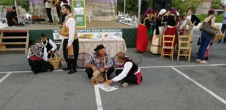 Баран лежит на сцене, вокруг люди готовятся к стрижке шерсти