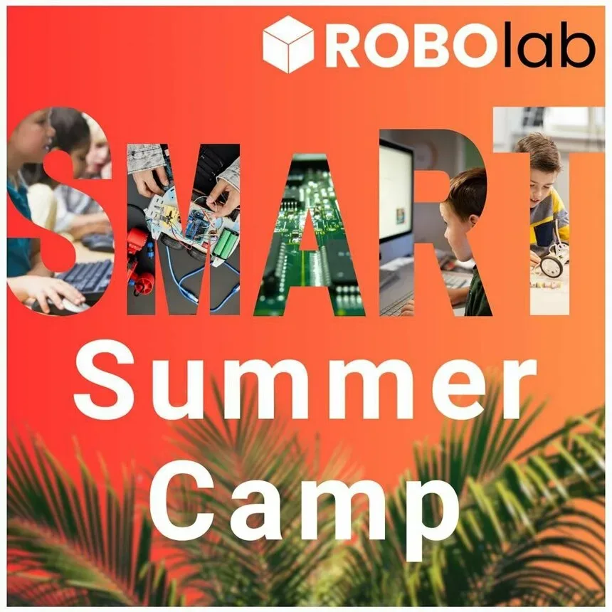 Афиша Smart Summer Camp Robolab с логотипом и тематикой IT занятий Афиша Smart Summer Camp Robolab с логотипом и тематикой IT занятий