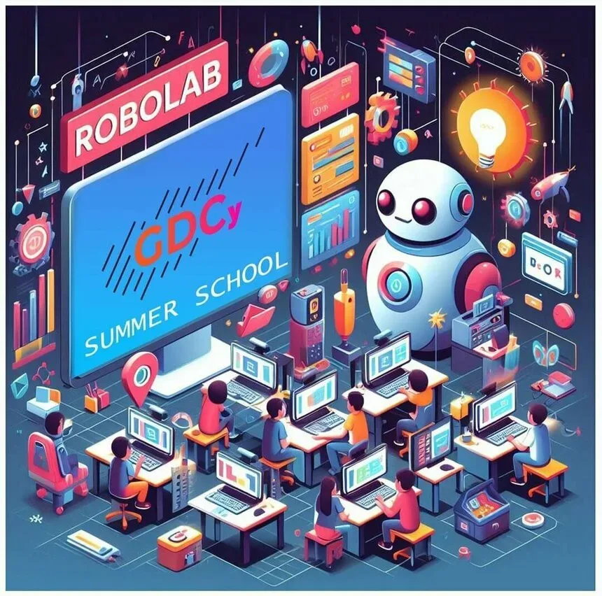 Иллюстрация GDCy Summer School от Robolab с компьютерами и роботом Иллюстрация GDCy Summer School от Robolab с компьютерами и роботом
