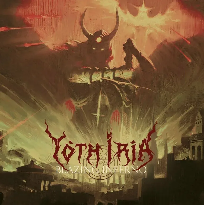 Обложка альбома Yoth Iria «Blazing Inferno» с демонической фигурой и логотипом