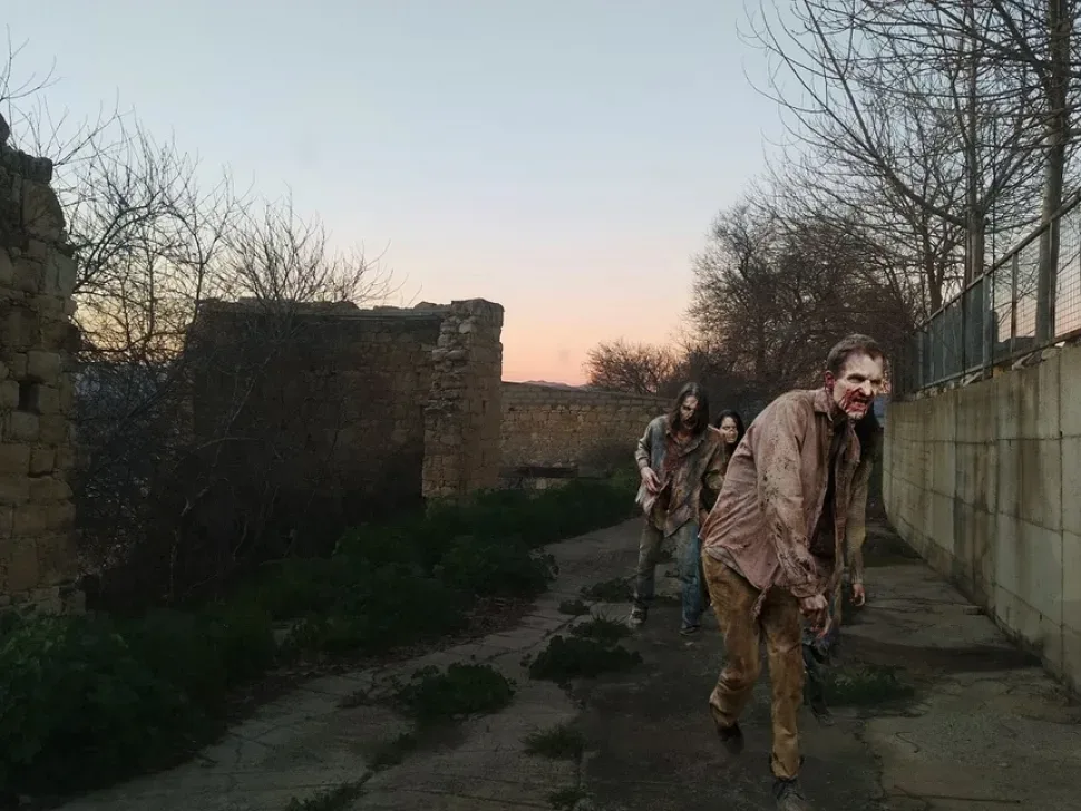 Крупный план зомби на фоне заброшенной машины и заросшего поля Крупный план зомби на фоне заброшенной машины и заросшего поля