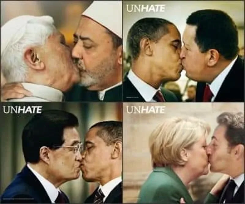 Коллаж с провокационными поцелуями политиков и надписью UNHATE