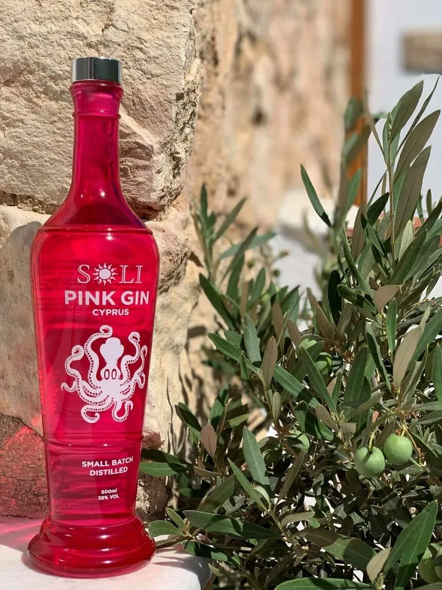 Розовая бутылка Soli Pink Gin рядом с оливковой веткой у камня