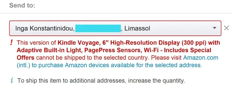 Сообщение Amazon о невозможности доставки Kindle Voyage на выбранный кипрский адрес в Лимассоле