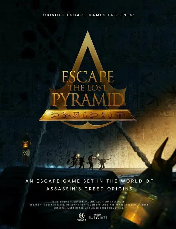 Постер Escape The Lost Pyramid из мира Assassin's Creed Origins с логотипом и силуэтами исследователей