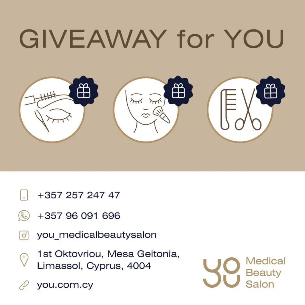 Графика розыгрыша GIVEAWAY с иконками услуг и контактами салона YOU Medical Beauty Salon