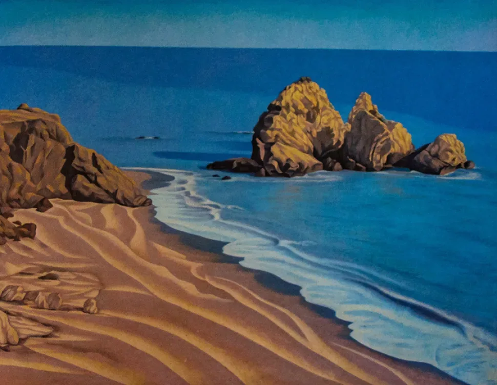 Пейзаж с пляжем и скалами в море, живописная картина