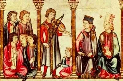 Рисунок трубадура, обходящего замки и распевающего песни средневековая сцена
