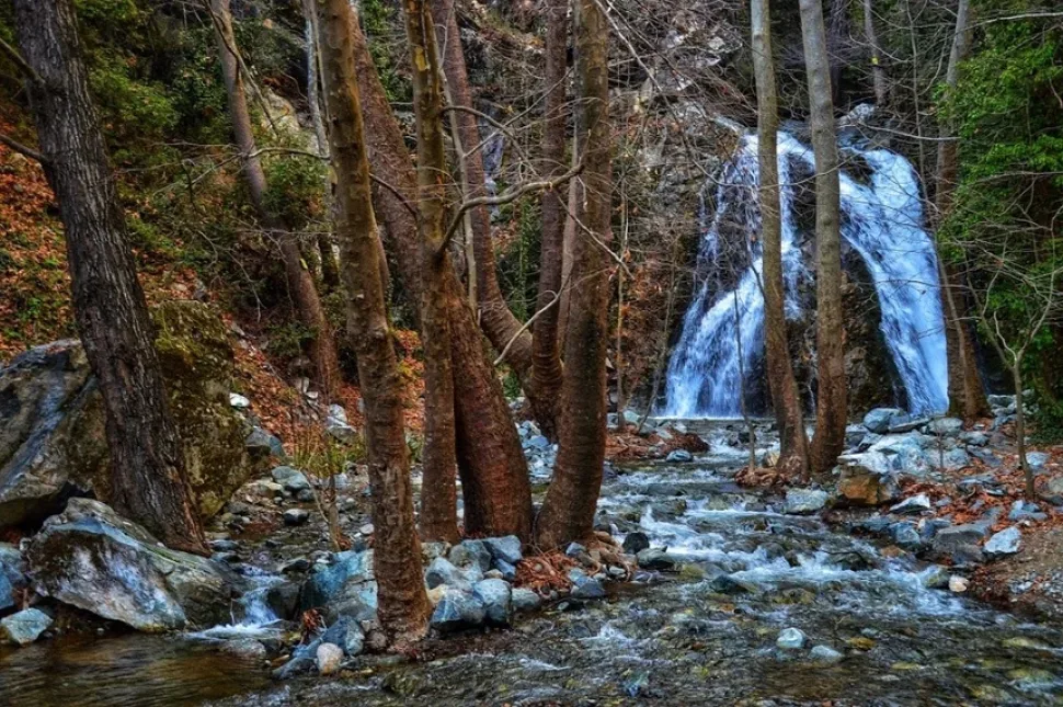 Панорамный вид на реку и водопад Хантара среди леса Троодос