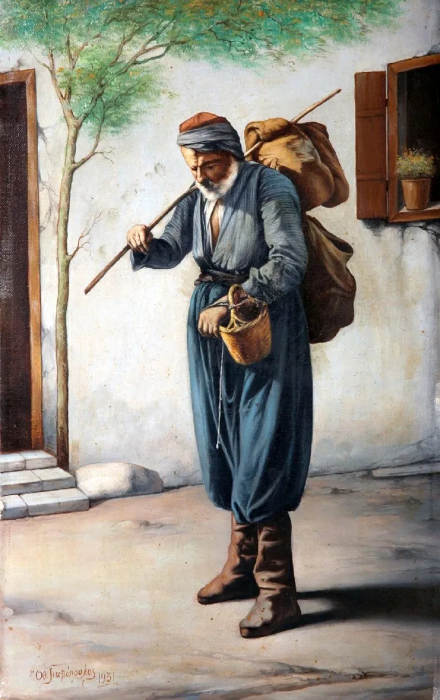 Стенная живописная фигура нищего в традиционной одежде, подпись 1931 год