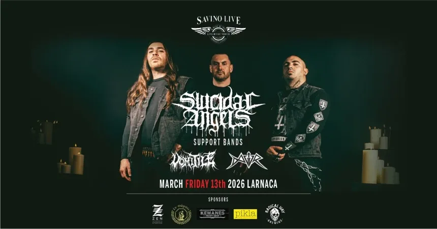 Афиша концерта Suicidal Angels в Savino Live Ларнака с датой и логотипами
